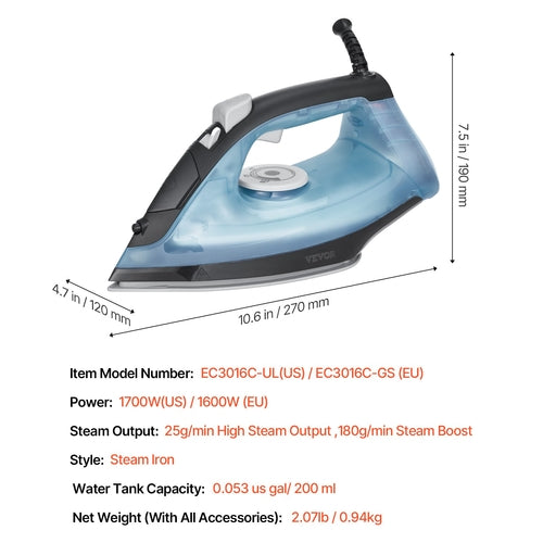 Steam Iron, 1600W Iron for Clothes, Aluminum Alloy + PTFE Soleplate,